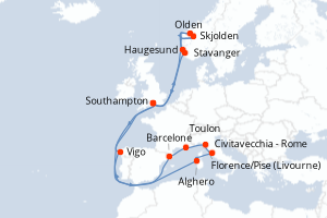 carte itinéraire croisière Fjörds norvégiens 21 jours au départ du port de Southampton