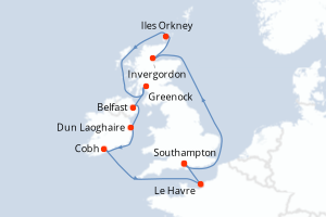 carte itinéraire croisière Europe du Nord 12 jours au départ du port de Southampton
