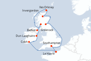 carte itinéraire croisière Europe du Nord 12 jours au départ du port de Southampton