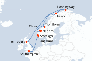 carte itinéraire croisière Fjörds norvégiens 14 jours au départ du port de Southampton