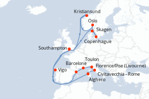 carte itinéraire croisière Europe du Nord 21 jours au départ du port de Southampton