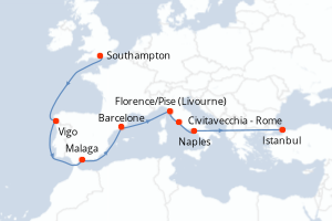 carte itinéraire croisière Méditerranée 14 jours au départ du port de Southampton