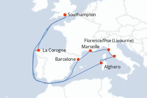 Carte de l'itinéraire de croisière Southampton-Southampton d'une durée de 14 jours