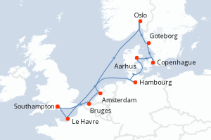 carte itinéraire croisière Europe du Nord 12 jours au départ du port de Southampton