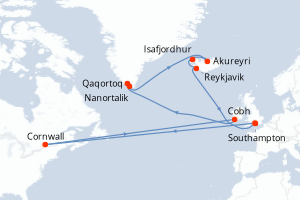 Carte de l'itinéraire de croisière Southampton-Southampton d'une durée de 16 jours