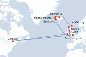 carte itinéraire croisière Europe du Nord 14 jours au départ du port de Southampton