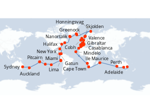carte itinéraire croisière Australie Nouvelle Zélande 114 jours au départ du port de Sydney