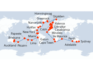 Carte de l'itinéraire de croisière Sydney-Brisbane d'une durée de 116 jours