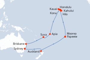 carte itinéraire croisière Australie Nouvelle Zélande 35 jours au départ du port de Sydney