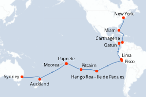 carte itinéraire croisière Australie Nouvelle Zélande 37 jours au départ du port de New York