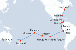carte itinéraire croisière Australie Nouvelle Zélande 38 jours au départ du port de New York