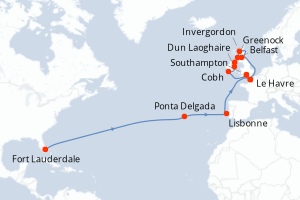 carte itinéraire croisière Transatlantique 25 jours au départ du port de Fort Lauderdale