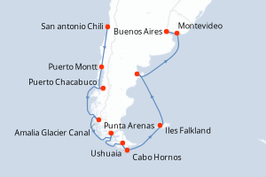 Carte de l'itinéraire de croisière San antonio Chili-Buenos Aires d'une durée de 16 jours