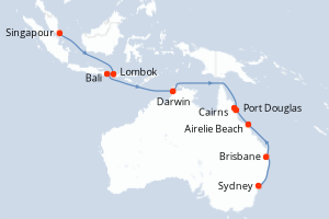 Carte de l'itinéraire de croisière Singapour-Sydney d'une durée de 18 jours