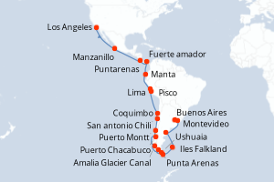 carte itinéraire croisière Amérique du Sud 36 jours au départ du port de Los Angeles