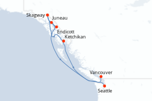 Carte de l'itinéraire de croisière Seattle-Vancouver d'une durée de 7 jours