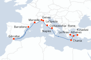 carte itinéraire croisière Méditerranée 14 jours au départ du port de Barcelone