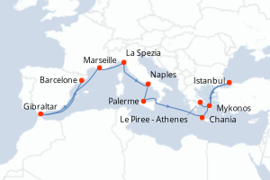 Carte de l'itinéraire de croisière Barcelone-Le Piree - Athenes d'une durée de 14 jours