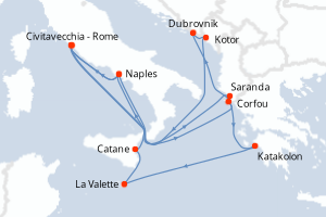 carte itinéraire croisière Sicile 14 jours au départ du port de Civitavecchia - Rome