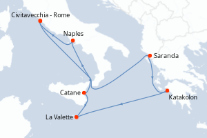 carte itinéraire croisière Sicile 7 jours au départ du port de Civitavecchia - Rome