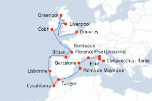 carte itinéraire croisière Europe du Nord 20 jours au départ du port de Civitavecchia - Rome