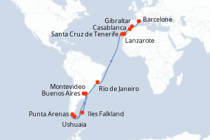 Carte de l'itinéraire de croisière Buenos Aires-Barcelone d'une durée de 35 jours