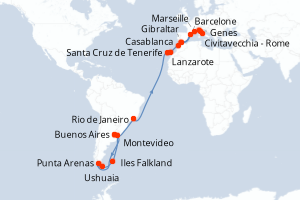 Carte de l'itinéraire de croisière Buenos Aires-Civitavecchia - Rome d'une durée de 42 jours