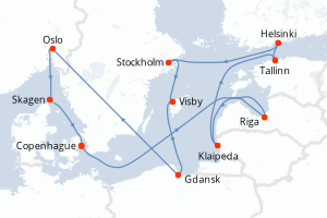 Carte de l'itinéraire de croisière Copenhague-Copenhague d'une durée de 12 jours