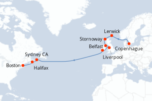 carte itinéraire croisière Transatlantique 15 jours au départ du port de Copenhague
