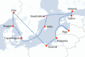 Carte de l'itinéraire de croisière Copenhague-Copenhague d'une durée de 12 jours