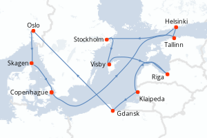 Carte de l'itinéraire de croisière Copenhague-Copenhague d'une durée de 12 jours