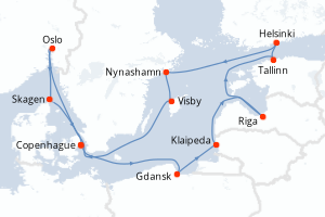 Carte de l'itinéraire de croisière Copenhague-Copenhague d'une durée de 12 jours