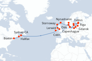 carte itinéraire croisière Transatlantique 27 jours au départ du port de Copenhague