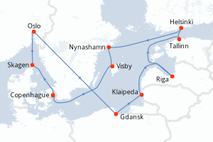 Carte de l'itinéraire de croisière Copenhague-Copenhague d'une durée de 12 jours