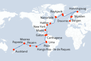 carte itinéraire croisière Australie Nouvelle Zélande 54 jours au départ du port de Douvres