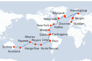carte itinéraire croisière Australie Nouvelle Zélande 58 jours au départ du port de Douvres