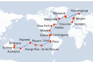 carte itinéraire croisière Australie Nouvelle Zélande 60 jours au départ du port de Douvres