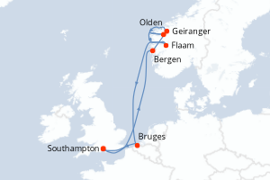 carte itinéraire croisière Fjörds norvégiens 8 jours au départ du port de Southampton