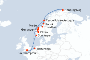 carte itinéraire croisière Fjörds norvégiens 14 jours au départ du port de Southampton