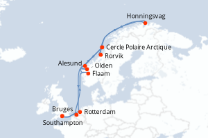 carte itinéraire croisière Fjörds norvégiens 12 jours au départ du port de Southampton