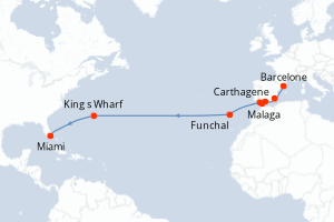 carte itinéraire croisière Transatlantique 16 jours au départ du port de Barcelone