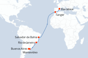 carte itinéraire croisière Transatlantique 16 jours au départ du port de Barcelone