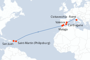 carte itinéraire croisière Transatlantique 15 jours au départ du port de Civitavecchia - Rome