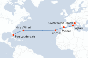 carte itinéraire croisière Transatlantique 14 jours au départ du port de Civitavecchia - Rome