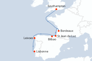 Carte de l'itinéraire de croisière Southampton-Lisbonne d'une durée de 8 jours
