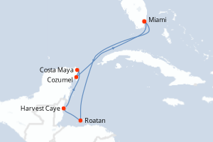 Carte de l'itinéraire de croisière Miami-Miami d'une durée de 7 jours