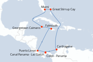 Carte de l'itinéraire de croisière Miami-Miami d'une durée de 11 jours