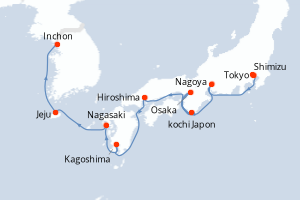 carte itinéraire croisière Asie 9 jours au départ du port de Tokyo