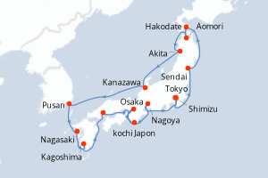 carte itinéraire croisière Asie 14 jours au départ du port de Tokyo