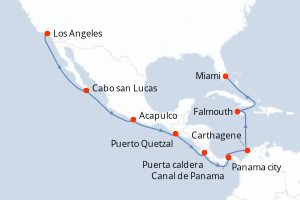 Carte de l'itinéraire de croisière Los Angeles-Miami d'une durée de 16 jours
